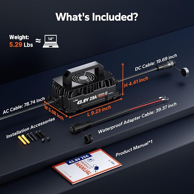 LiTime 36V 25A Lithium Battery Charger, IP65 Waterproof, Smart 43.8V LiFePO4 Charger for 38.4V Lithium Battery, Ideal for Golf Cart, RVs, Marine, Trolling Motor, with 0V Activation & LED Indicator