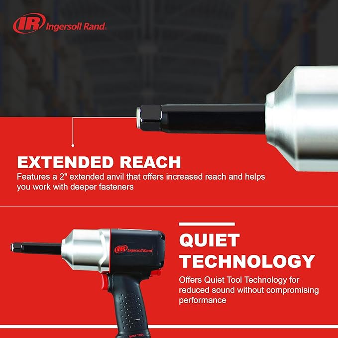 Ingersoll Rand 2135QXPA-2 1/2" Quiet Air Impact Wrench, Pistol Grip, 2" Extended Anvil, 780 Ft-Lbs Max Reverse Torque