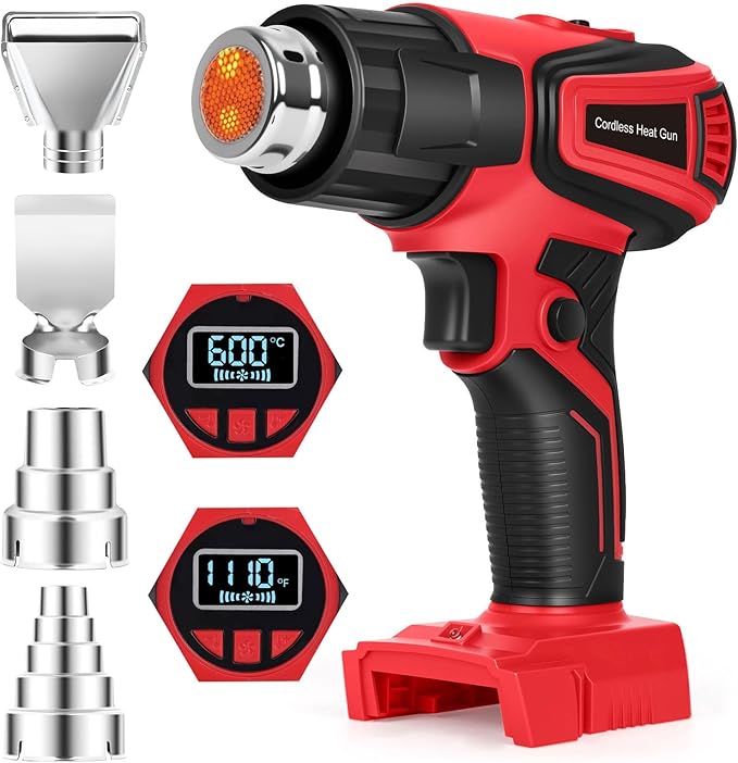 350W Cordless Heat Gun Compatible with Milwaukee m18 Battery,Adjustable Temp 120℉–1110℉,LED Light,LCD Digital Display,Portable Hot Air Gun 4 Nozzles For Shrink Tubing,Crafts,DIY(Tool Only,NO Battery)