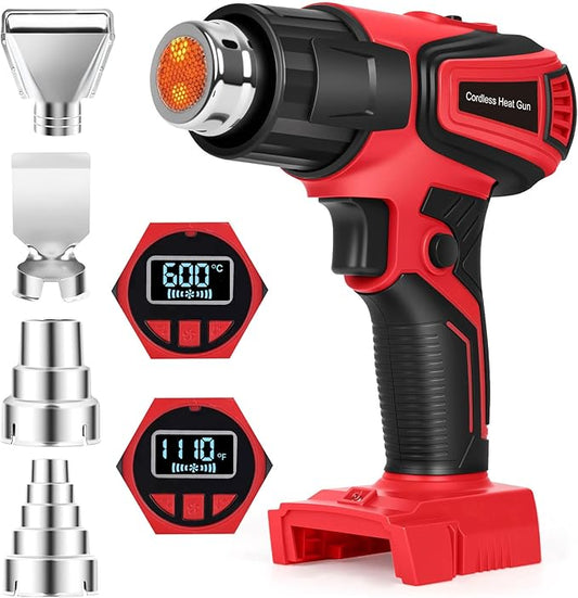 350W Cordless Heat Gun Compatible with Milwaukee m18 Battery,Adjustable Temp 120℉–1110℉,LED Light,LCD Digital Display,Portable Hot Air Gun 4 Nozzles For Shrink Tubing,Crafts,DIY(Tool Only,NO Battery)