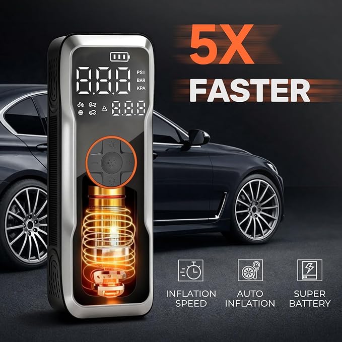 Portable Tire Inflator Air Compressor, Battery capacity18000mAh,150PSI 5X Fast Inflation Wireless Electric Air Pump with Digital Pressure Gauge & LED Light for Car Motorcycle Bike Ball