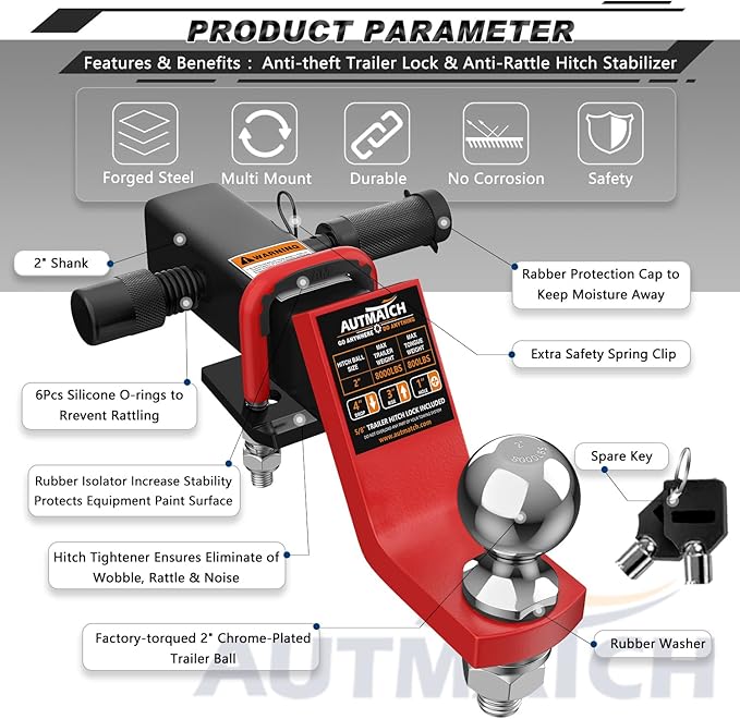 AUTMATCH Trailer Hitch Ball Mount with 2 Inch Hitch Ball - Fits 2" Receiver with Hitch Tightener, 8000Lbs Capacity Ball Hitch, 4-Inch Drop with 5/8" Hitch Lock Pin, Red & Black