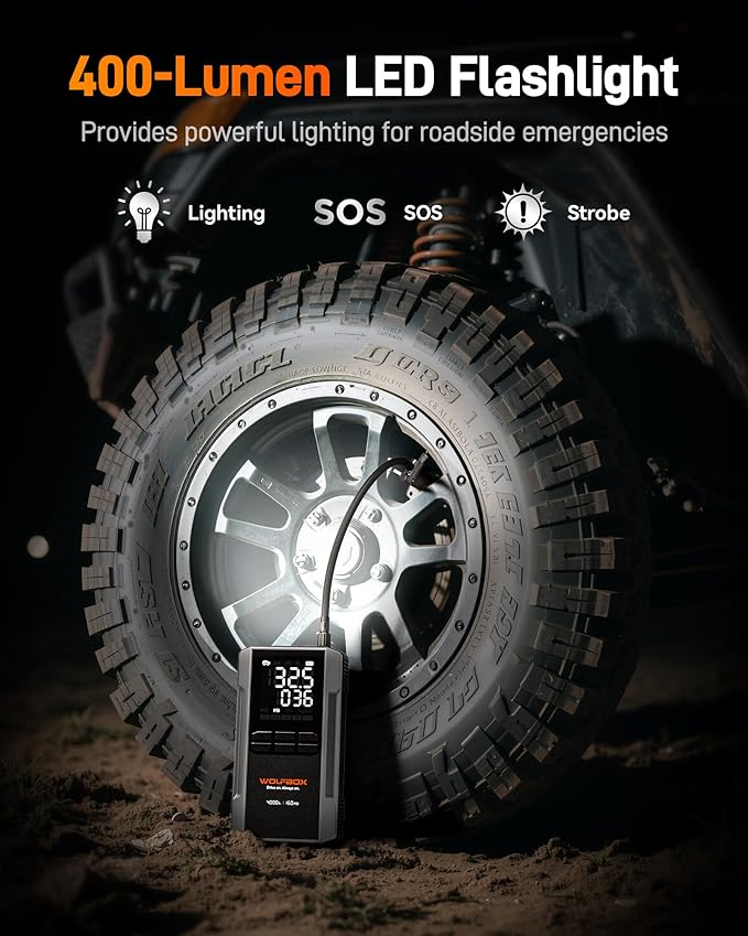 WOLFBOX 4000A Jump Starter with 160PSI Air Compressor, 12V Car Battery Booster, 88.8Wh Portable Jump Box (10.0 Gas/10.0L Diesel) with 65W Fast Charging, Tire Inflator, Jumper Cables, and LED Light