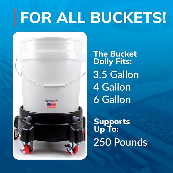 GRIT GUARD Bucket Dolly with Wheels - Rolling Detailing Wash Bucket with 5 Wheels and 2 Locking Casters Compatible with 2.5, 4, 5 and 6 Gallon Buckets (Blue, 2" Red Casters)