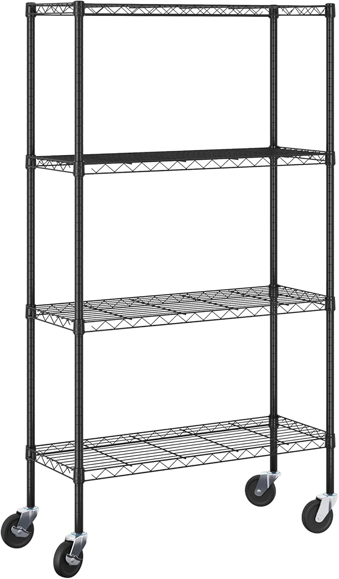 Furinno Wayar 4-Tier Metal Storage Shelf Rack Cart with Casters, 36 x 14 x 58, Black