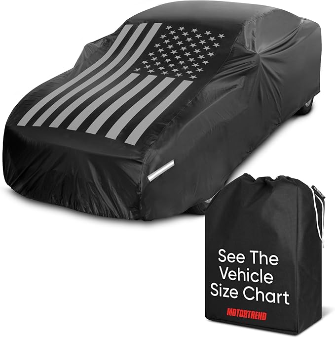 Motor Trend Black USA Flag Waterproof Car Cover - All Weather Outdoor Protection, UV Resistant, Windproof, Scratchproof - Semi-Universal Fit Sedan Full Car Cover for Sun Rain Snow (191”- 210” Length)
