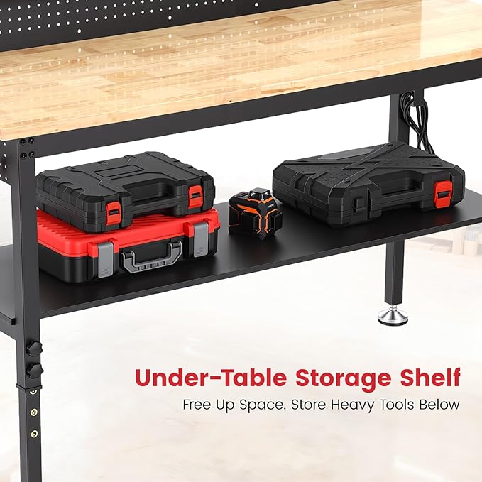 ENJOYWOOD 60'' Heavy Duty Workbench 3000 LBS Load Capacity Adjustable Height Garage Work Bench with Pegboard, Storage Shelf, Power Outlets and LED Light