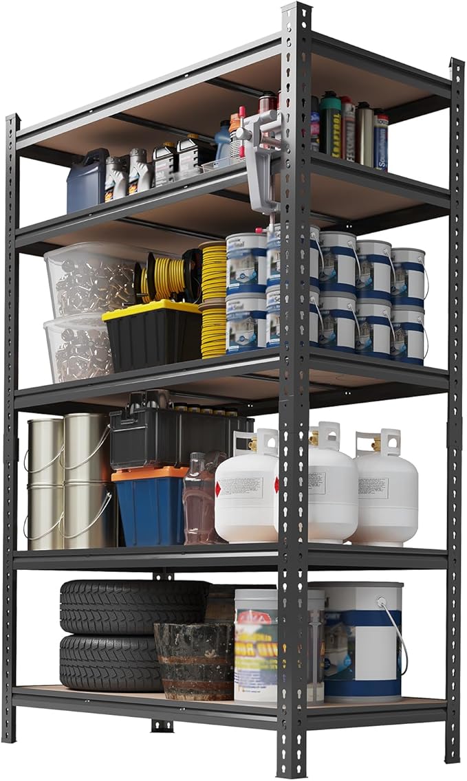 5-Tier Heavy Duty Adjustable Metal Storage Unit, 72" h x 48" w x 24" d, for Garage, Basement, Warehouse, Pantry, Closet, Kitchen, Black