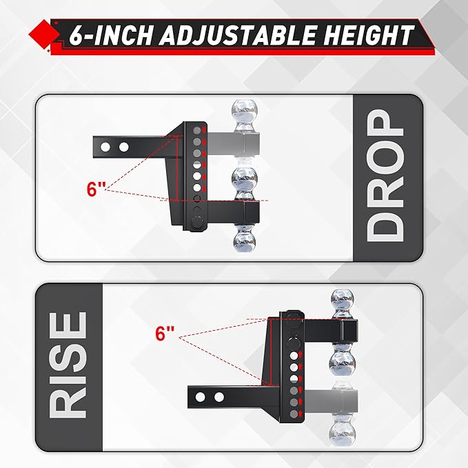 TYT Adjustable Truck Trailer Hitch for 2.5 inch Receiver, 6" Drop/Rise Tow Hitch with Dual Balls (2" & 2-5/16"), Includes Two Pin Locks & Hitch Tightener