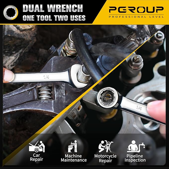 1/4" SAE Combination Wrench, CR-V Steel with Mirror Polish, 12-Point Design, 15-Degree Offset, Perfect for Auto Repair, Household, Car & Truck Emergency