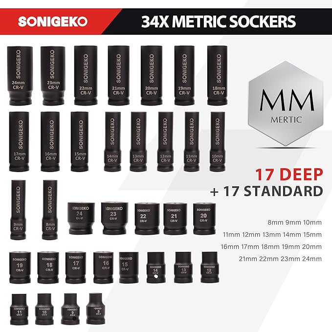 1/2" Drive Impact Socket Set,70-Piece 6 Point Deep, Standard SAE and Metric CR-V Steel Sockets with Drive Ratchet Handle (1/2" 70 PCS Socket Set,Metric and SAE)