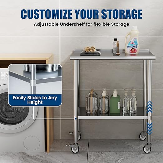 Stainless Steel Work Table with Wheels, 30x36 Inch NSF Food Prep Table with Backsplash & Adjustable Undershelf for Kitchen, Restaurant, Garage