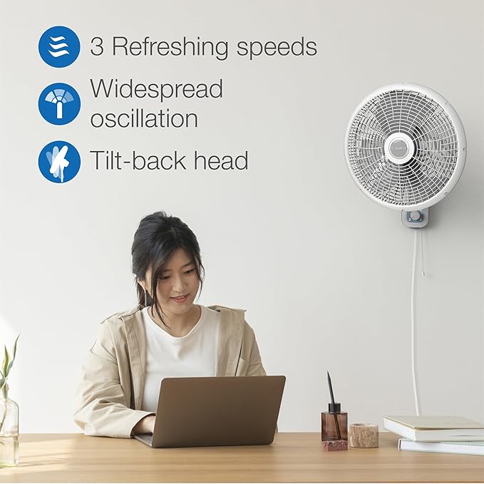 Lasko 16" 3-Speed Oscillating Wall Mount Fan for Indoor Use, M16900, Light Grey