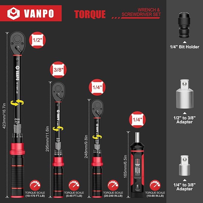 VANPO Torque Wrench Set 1/4" 3/8" 1/2" Drive 20-240 In.lb, 5-45 Ft.lb, 10-170 Ft.lb with 3 Adapters,±3% Accuracy,72-Tooth,Dual Scale,Storage Case,Click Style for Bike, Motorcycle, Car, Truck Repair