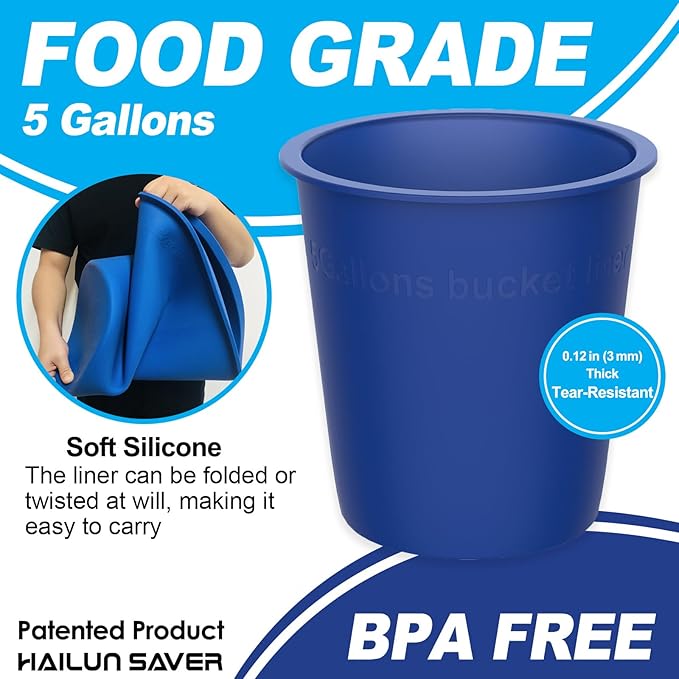 Reusable Silicone 5 Gallon Bucket Liner with Graduated Measurements - Leakproof Thinset, Grout, Concrete Mixing Pail Liner - Heavy-Duty Bucket Saver Accessory (Blue)