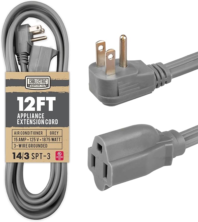 12 Foot Appliance Extension Cord, Gray - 14 Gauge 3 Prong SPT-3 Heavy Duty Cable for Major Appliances