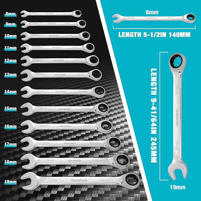 DURATECH 12-Piece Ratcheting Combination Wrench Set, 72-Tooth, Metric, 8-19mm, Cr-v Steel, Organized in Storage Case
