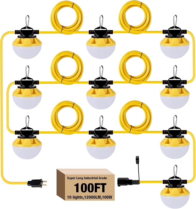 100FT Construction String Lights, IP65 Waterproof ETL Certified LED String Work Lights, 5000K Daylight 18AWG Wire Linkable Temporary Construction Lighting for Jobsite with 10 Bulbs & Hooks