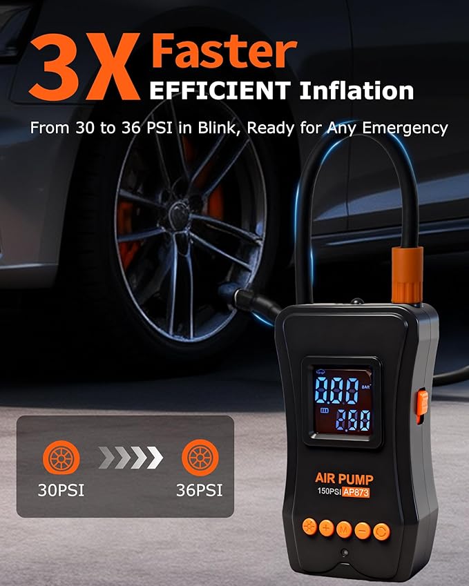 Tire Inflator Portable Air Compressor, 150PSI Dual Power - 4000mAh & 12V DC, Cordless Mini Bike Pump with Digital Dual Values Display/LED Light, tire Air Pump for Car Tires, Bike, Motorcycle, Bicycle