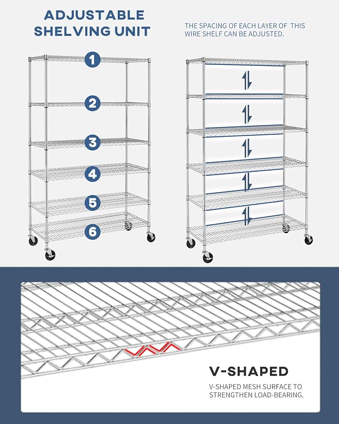 BestOffice 18x48x72 Wire Shelving with Commercial Wheels 6-Shelf Adjustable Heavy Duty Storage Shelves Metal Shelves Storage Unit Shelf,6000 LBS (Chrome)