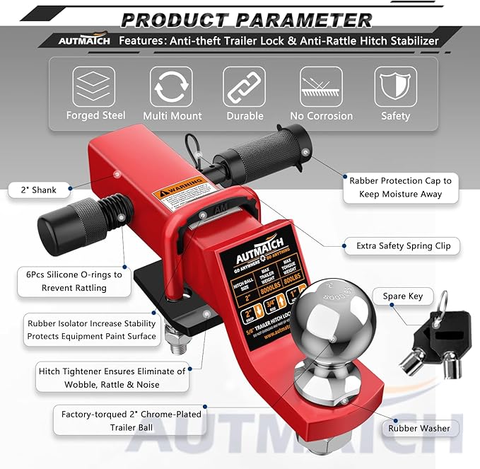 AUTMATCH Trailer Hitch Ball Mount with 2 Inch Hitch Ball - Fits 2" Receiver with Hitch Tightener, 8000Lbs Capacity Ball Hitch, 2-Inch Drop with 5/8" Hitch Lock Pin, Red