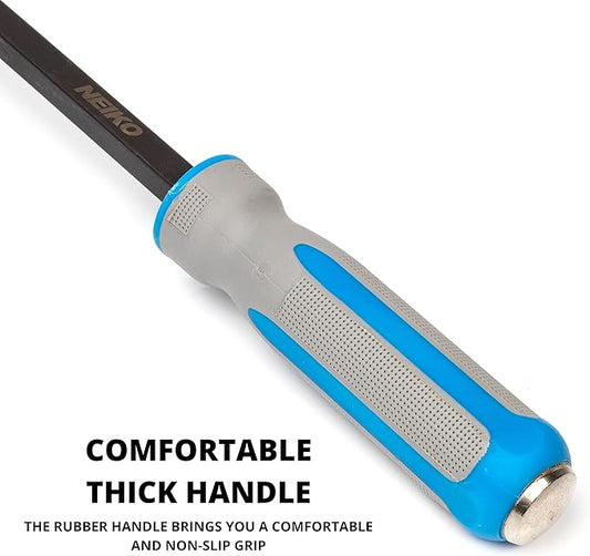 NEIKO 00251A Pry Bar, 3 Piece Angled Tip Pry Bar Set, 8", 12" & 17.5" Crow Bar with Go Through Striking Cap, Textured TPR Breaker Bar Handles, Heavy Duty Black Oxide Coated Chromium Steel Small PryBar