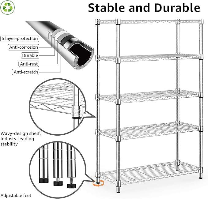 M MZG 1250 lbs Steel Heavy Duty 5-Tier Utility Shelving Unit Steel Organizer Wire Rack for Home,Kitchen,Office,Chrome (13.7" D x 23.6" W x 62.4" H)