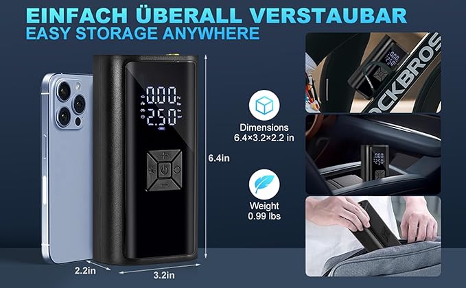 Tire Inflator Portable Air Compressor with LED Light, POLEDY Electric Bicycle Pump, Cordless Inflator Portable with Digital Gauge, Auto Shut Off, Battery Air Compressor for Car Bike Motorcycle Ball