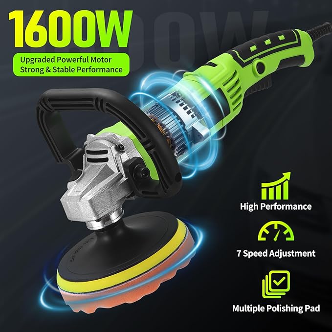 Buffer Polisher, 1600W 6 Inch/7 Inch Rotary Car Buffer Polisher Wax, 7 Variable Speed 1600-3500 RPM, Car Buffers and Polisher for Car, Boat Sanding and Polisher