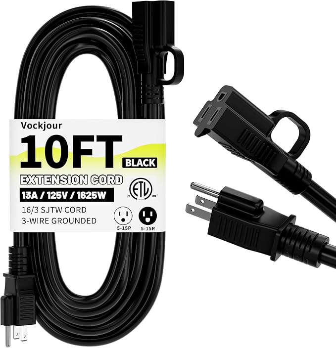 16/3 Black Indoor Outdoor Extension Cord 10 Ft Waterproof, Extension Cord with 3 Prong Grounded Plug,13A 1625W 16AWG SJTW, Flexible Weatherproof Power Cable for Offices, Gardens and Lawns