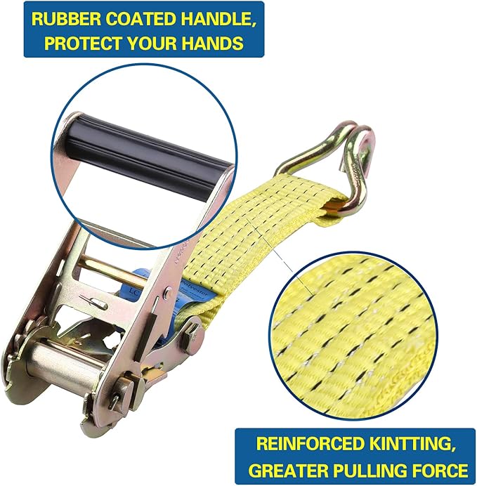 Ratchet Tie Downs Straps with Double J Hook 2 inch 13 Ft 10,000 lbs Break Strength Heavy-Duty Cargo Straps for Moving Appliances Lawn Equipment and Motorcycles Cargo Car Truck ATV 4 Pack, Yellow