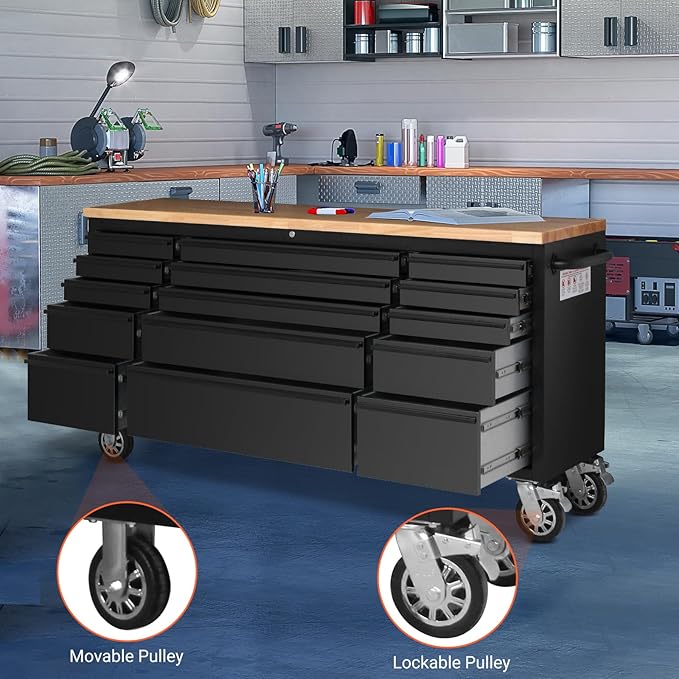 72-Inch Heavy-Duty Rolling Tool Chest & Mobile Workbench with 15 Drawers, Steel Storage Cabinet with Rubber Wood Top, Key Lock, Drawer Liners and Wheels for Garage, Workshop, Black