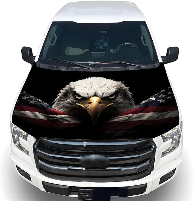 American Car Hood Cover - 59x51 in Car Hood Cover Eagle Flag Bonnet Banner with 2 Adjustable Triangular Fasteners, Universal Fit for Trucks, SUV, Patriotic America Flag Cars Decor