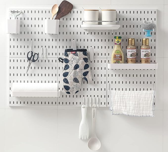 Pegboard Combination Kit with Shelf and Hooks No Punching for Garage Kitchen Living Room Bathroom Office,Pegboard Wall Organizer (White, 33" x 22")