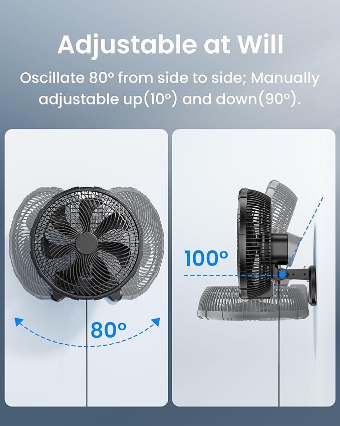Koonie 12 Inch Wall Mount Fan, Quiet Wall Fan with Timer, 9.8ft Wired Remote, 80° Oscillation, 100° Adjustable, 3 Speeds High Velocity for RV Bedroom Kitchen Office Garage