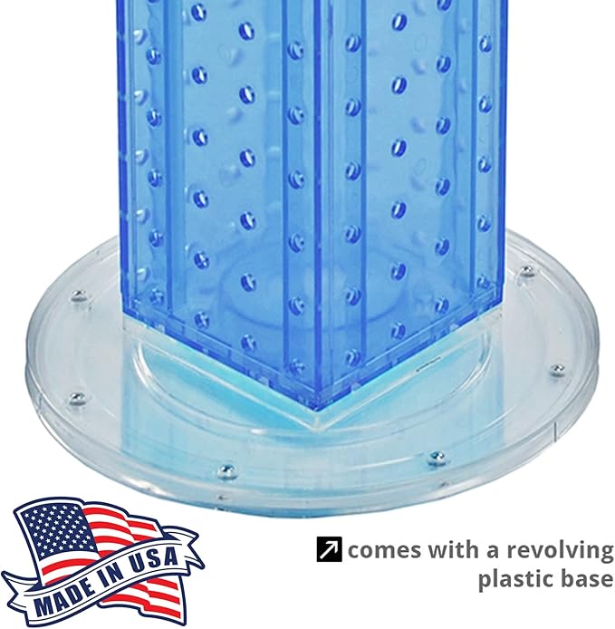 Azar Displays 700220-BLU-2C16 Four-Sided 4”W x 12” Revolving Pegboard Tower Kit Counter Display with 16-Pack of 2 inch Locking Hooks, Blue