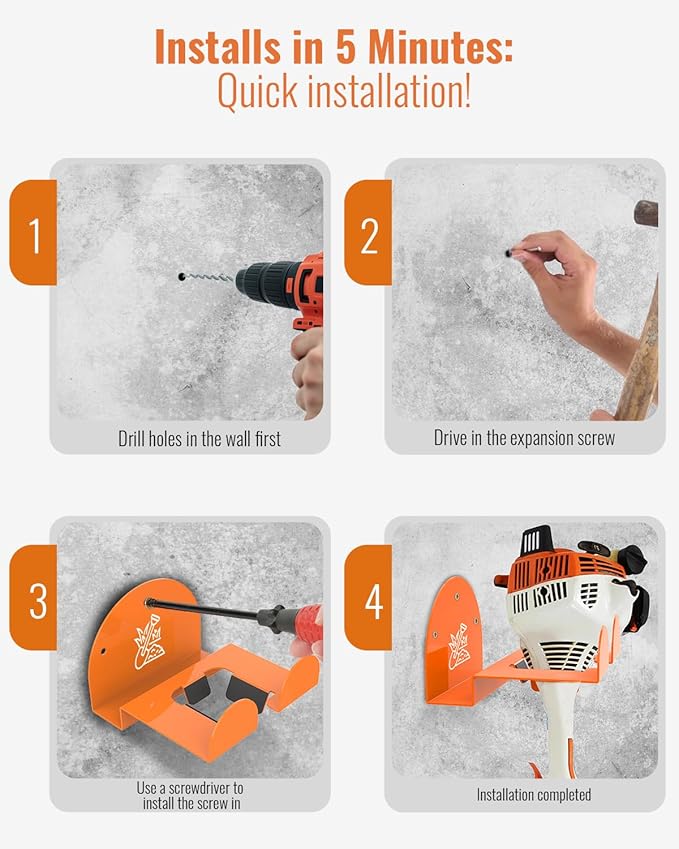 Weedeater Rack & Garden Tool Hanger - 180LB Heavy-Duty Alloy Steel Wall Mount Set, for Stihl Power Tools, Grass Trimmer, Garden Tools, Space-Saving Storage for Garage, Shed, Workshop