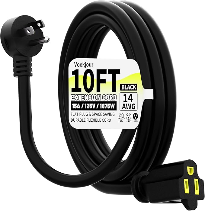 Vockjour 10 FT Black Low Profile Flat Plug 14 Gauge Heavy Duty Extension Cord, 14AWG 3-Wire Grounded Appliance Extension Cord, 15A/125V/1875W SJTW ETL Listed Power Cord