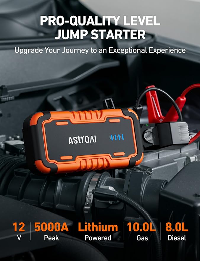 AstroAI P10 Car Battery Jump Starter, 5000A Portable Jump Starter Battery Pack for Up to 10L Gas & 8L Diesel Engines, 12V Lithium Jump Box, Auto Booster Pack with 3-Mode LED Lights & Jumper Cable