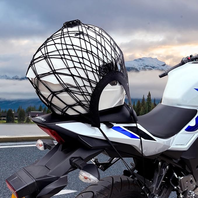 2PCS Upgrade Cargo Net for Motorcycle Helmet Storage, 10"X11" High-Elastic Double Layer Bungee Net with 8 Extra Strong Metal Hooks, Luggage Strap Rack Expansion Organizer Net for Motorbike Trike Cycle