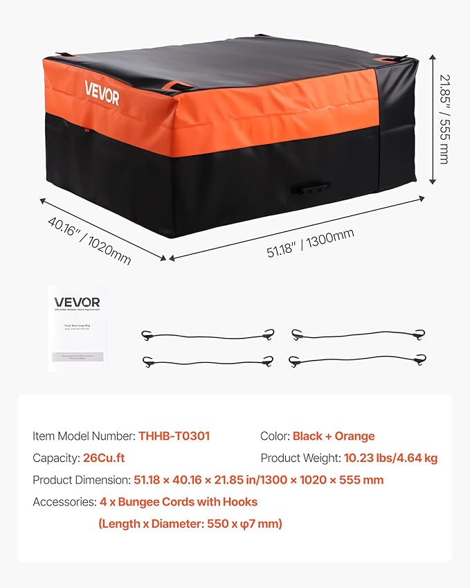 VEVOR Truck Bed Cargo Bag, Waterproof 840D PVC, 51.18 x 40.16 x 21.85 in (26 Cubic Feet), Heavy Duty Cargo Bag for Truck Bed with 4 Bungee Cords with Hooks, Fits a Variety of SUV and Pickup Trucks