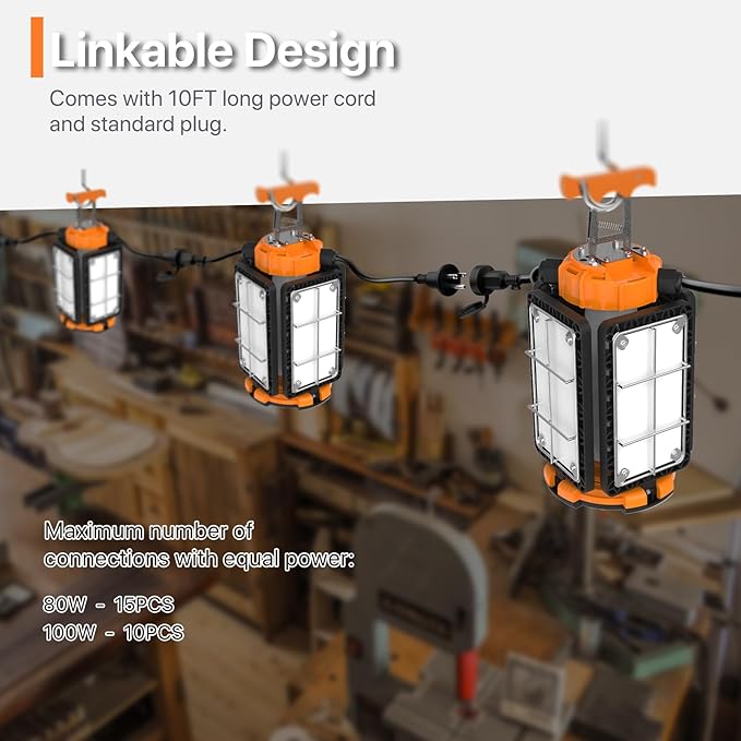 LED Temporary Work Light: 100W 15000Lumen with Brightness Adjustable Switch, 4 Deformable Panels Linkable Hanging Work Light, Portable 5000K Led Work Light for Workshop Construction Site Garage