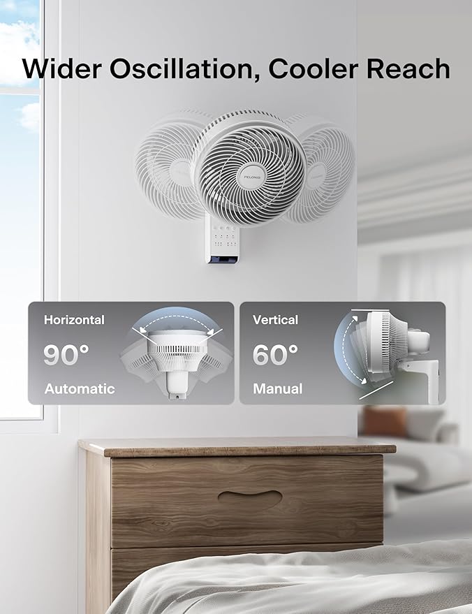 PELONIS 14 inch Wall Mount Fan with Remote Control, Osicllating Fan with 26ft Powerful Airflow, 3 Speed & 3 Modes, Auto 90° Horizontal & 68° Vertical Tilt, Indoor, 36dB, Ideal for Home, Garage, Gym