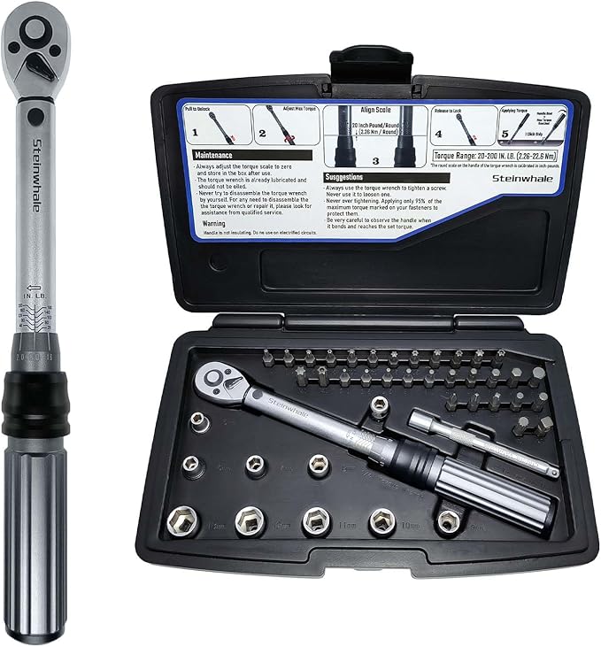 1/4-Inch Drive 20-200 Inch Pound Torque Wrench Kit (2.26-22.6 Nm) for Carbon Bikes Maintenance, 1/4'' Drive, 72-Tooth Gear Ratchet, 43in1 Set with 30pcs S2 Steel Bits and 9pcs CrV Sockets