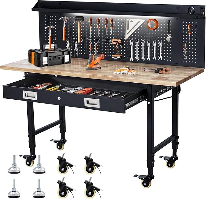 GarveeTech 60" Adjustable Height Workbench, Rubber Wood Tabletop Workbench with Pegboard, Storage Drawers, Rolling Work Table with Wheels, Power Outlet, 2000lbs Capacity, Garage Workbench for Workshop