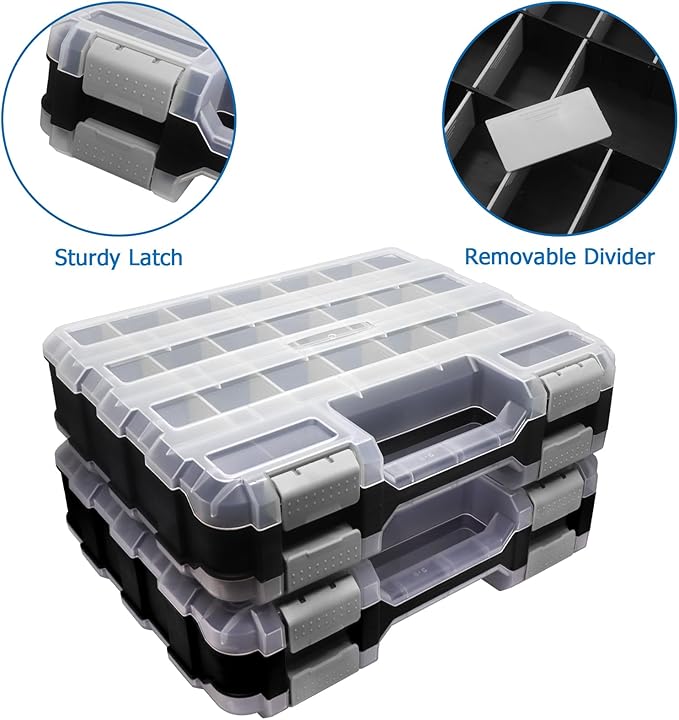 Double Side Tool Box Organizer, Hardware Storage Box, Portable Small Parts Organizer with Removable Plastic Dividers for Screws, Nuts, Nails, Bolts, Gray