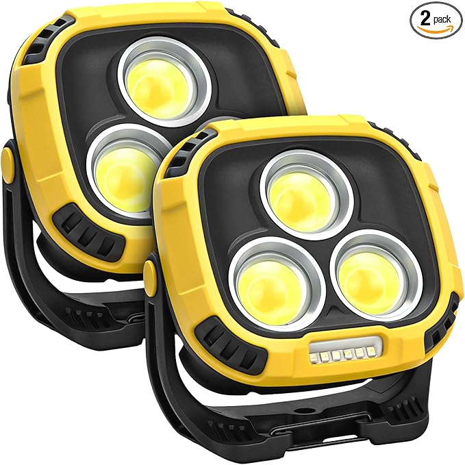 2 Pack 6000mAh Rechargeable Work Light, 4000LM Magnetic Light with Hook, IP65 Waterproof, 30H Runtime, Portable LED Work Light for Car Repair, Job Site Lighting, Emergency(Yellow)