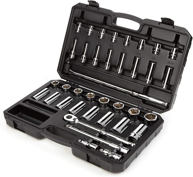 TEKTON 1/2 Inch Drive Shallow and Deep 6-Point Socket and Ratchet Set with Case, 37-Piece (3/8 - 1-5/16 in.) | SKT25101