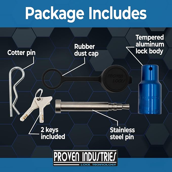 Proven Industries Model HL1 Receiver Hitch Pin Lock, Fits 2-Inch or 2 1/2-Inch Receivers, Stainless Steel, Made in The USA, (Blue)