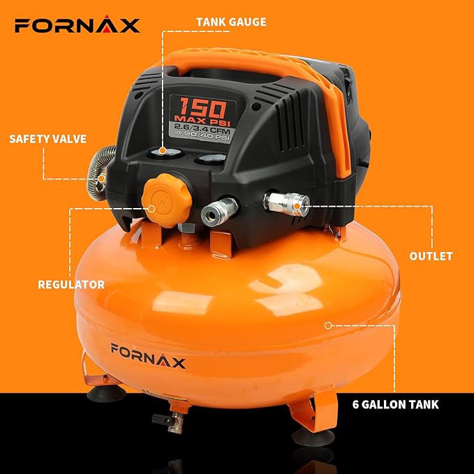 FORNAX Pancake Air Compressor with two couplers, 6 Gallon Portable Electric air compressor, 150 PSI, Oil -Free with 14 PCS Air Compressor Accessories Kit (Kits)